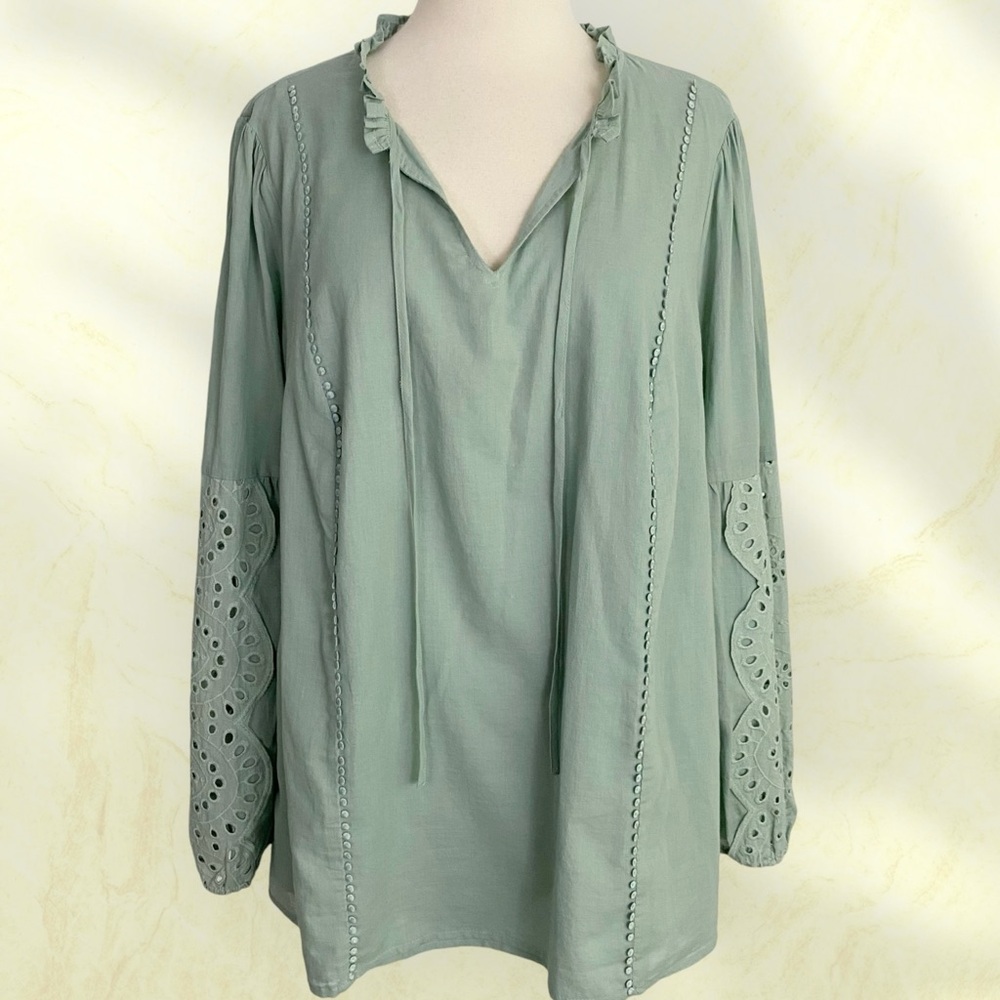 Lane Bryant Crochet Trim Ruffle Collar Boho Peasant Top Women’s 16 Sage Green